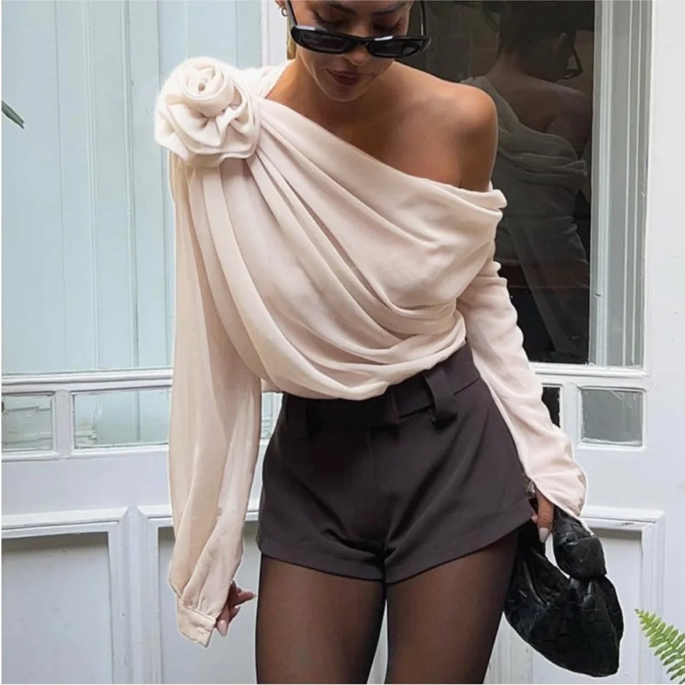 Cream Mesh Chiffon Semi-sheer One Shoulder Asymmetrical Rosette blouse 3D flower - Picture 1 of 4